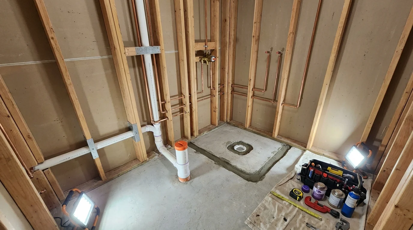 Bathroom rough-in plumbing during remodel by Johns Plumbing LLC in East Petersburg
