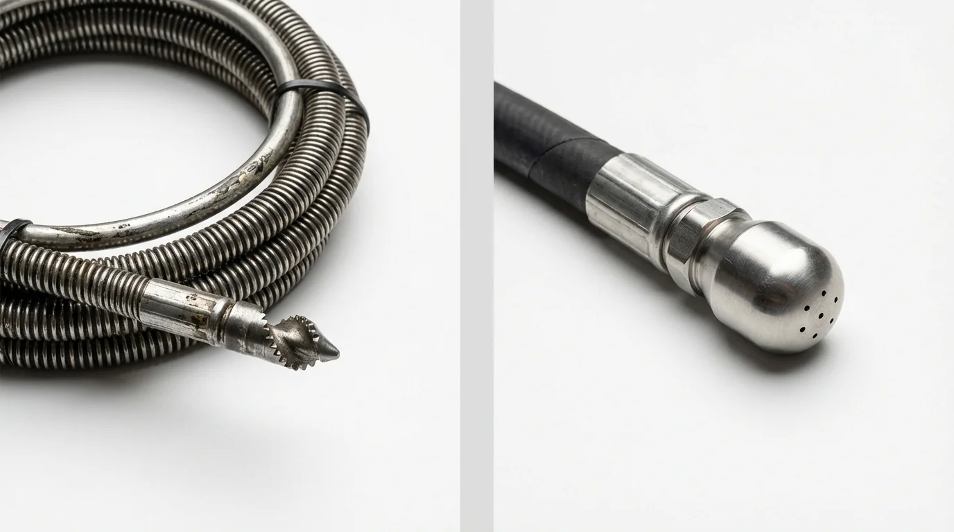Drain snake cable and hydro jetting nozzle used for drain cleaning in East Petersburg, PA