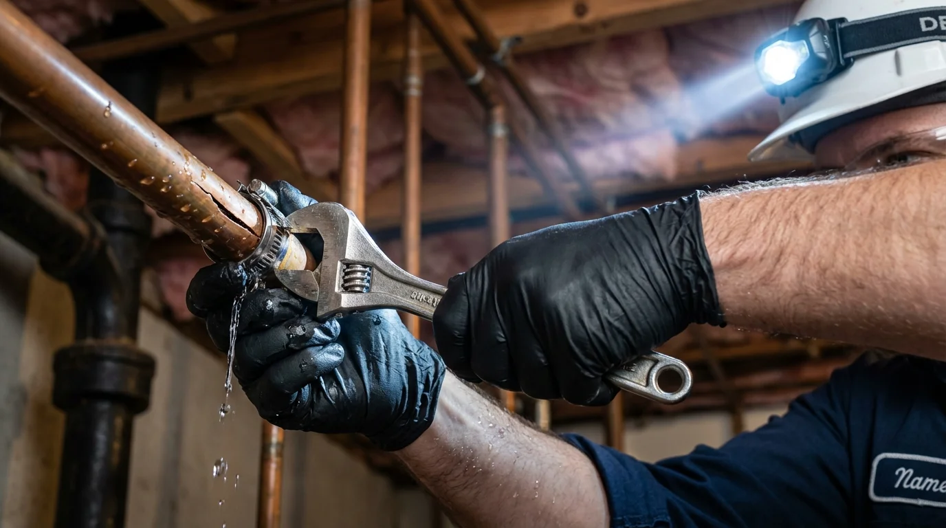Emergency pipe clamp repair being performed by a Johns Plumbing LLC plumber in East Petersburg