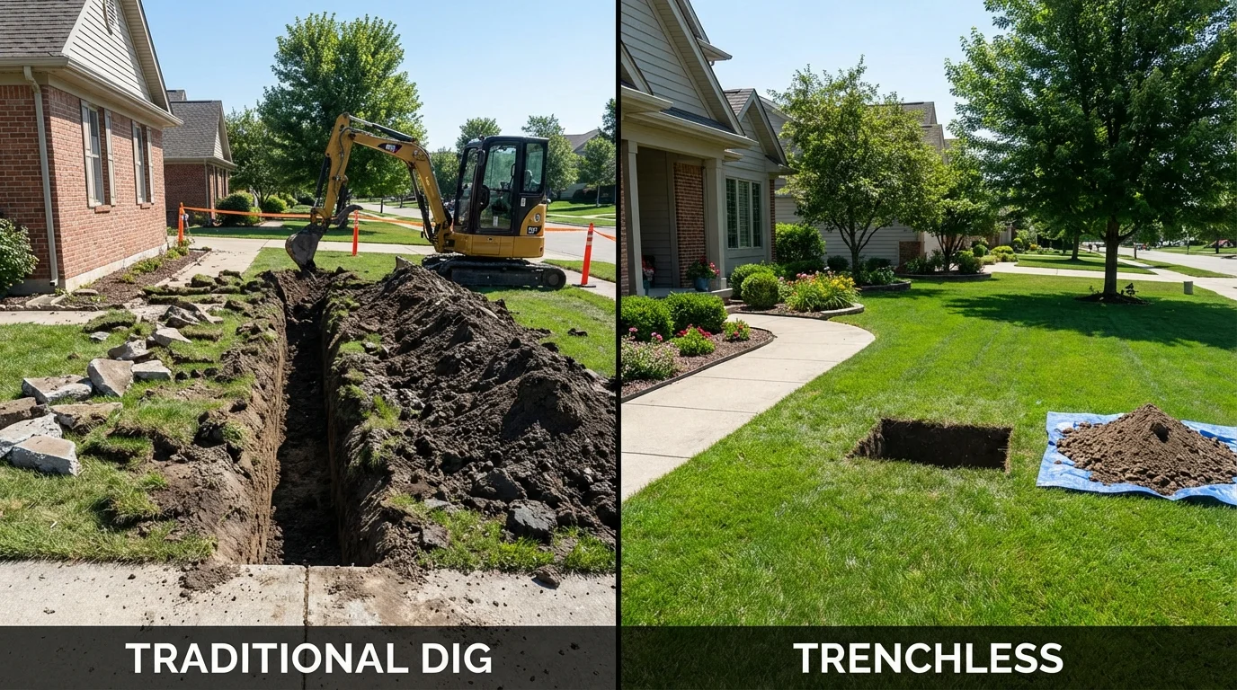 Trenchless sewer repair with minimal yard damage versus traditional excavation in East Petersburg, PA