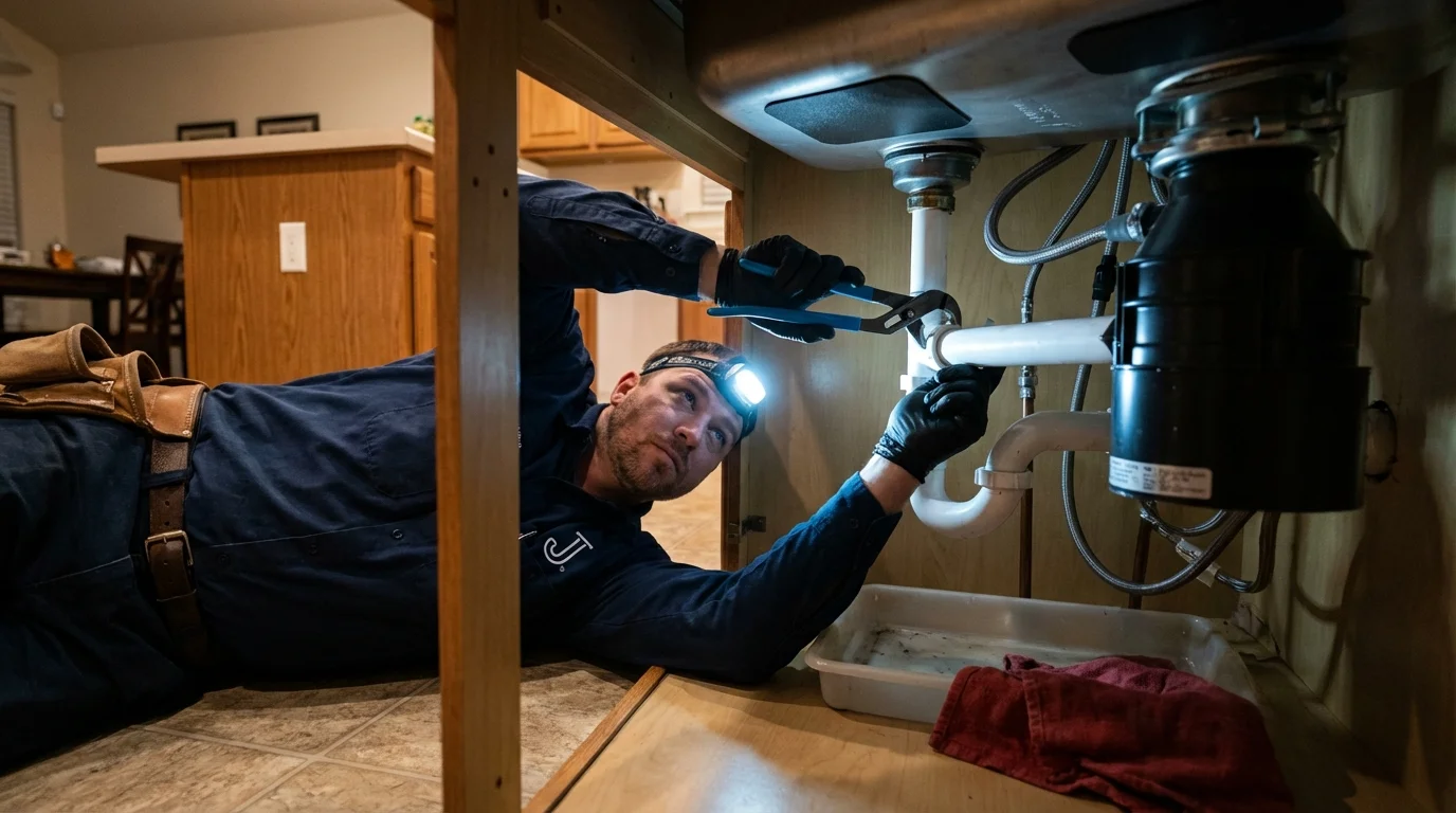 P-trap and supply line connections under a kitchen sink showing a common leak point in East Petersburg, PA